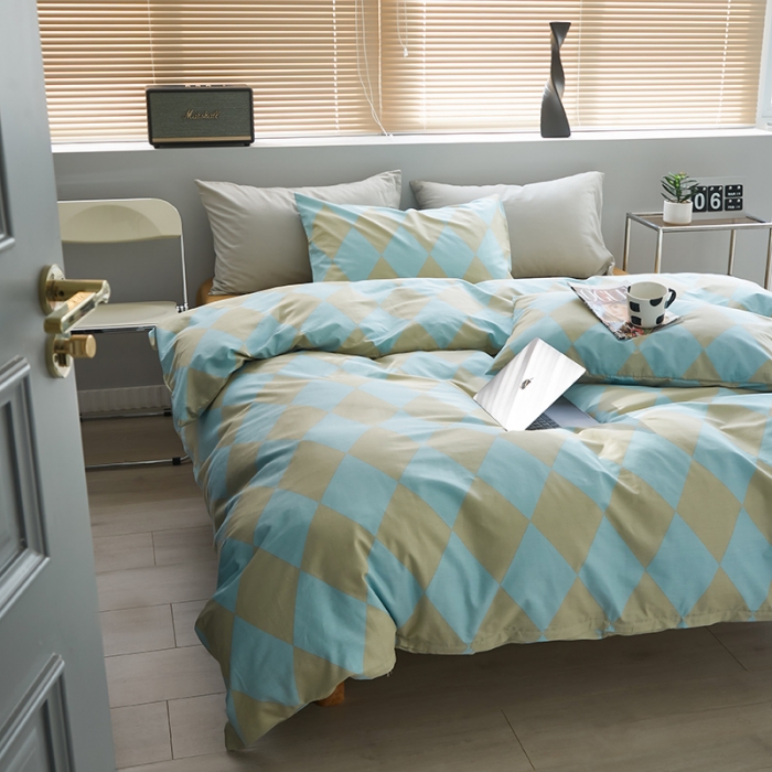 91家纺网 家纺一手货源 找家纺 怡家居 2022新款全棉棋盘格混搭四件套 菱格蓝绿