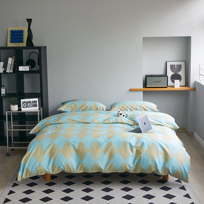 91家纺网 家纺一手货源 找家纺 怡家居 2022新款全棉棋盘格混搭四件套 菱格蓝绿