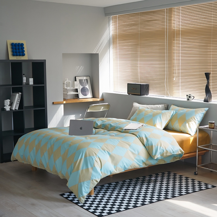 91家纺网 家纺一手货源 找家纺 怡家居 2022新款全棉棋盘格混搭四件套 菱格蓝绿