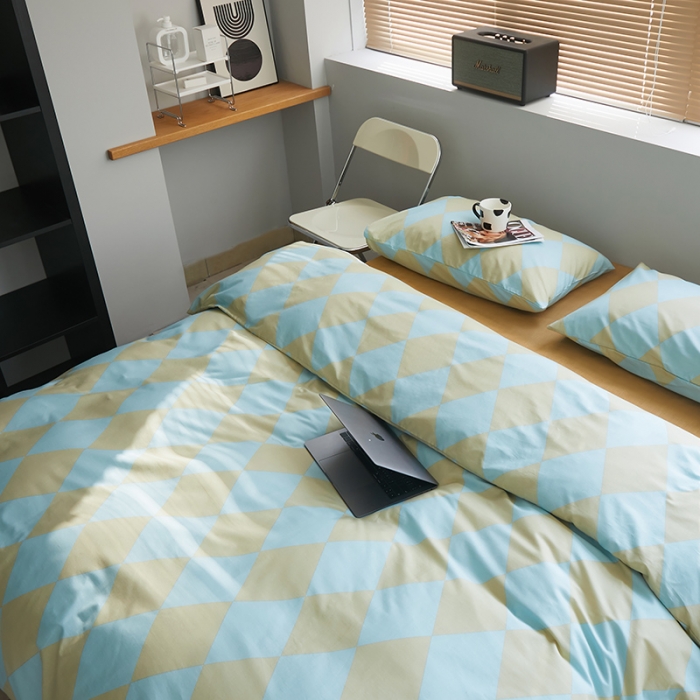 91家纺网 家纺一手货源 找家纺 怡家居 2022新款全棉棋盘格混搭四件套 菱格蓝绿