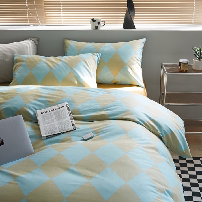 91家纺网 家纺一手货源 找家纺 怡家居 2022新款全棉棋盘格混搭四件套 菱格蓝绿