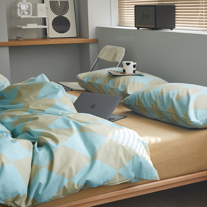 91家纺网 家纺一手货源 找家纺 怡家居 2022新款全棉棋盘格混搭四件套 菱格蓝绿