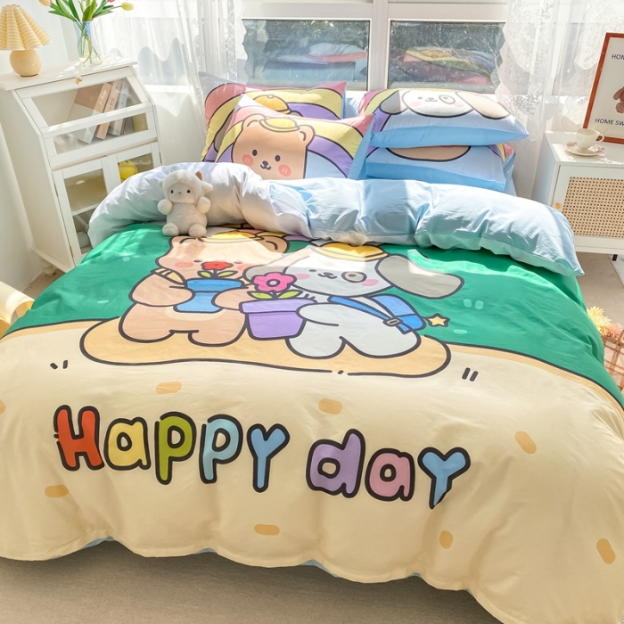 91家纺网 家纺一手货源 找家纺 星期八 2022新款二次元水洗棉四件套 happy day