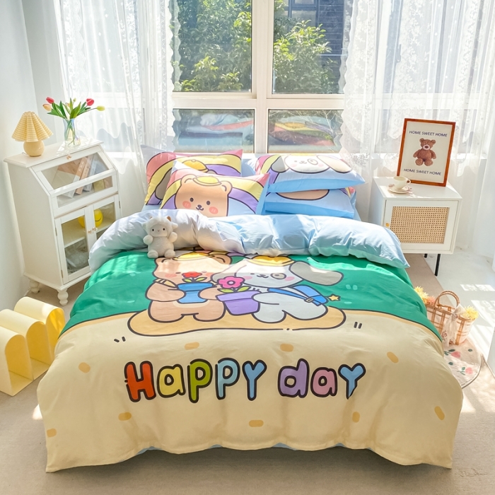 91家纺网 家纺一手货源 找家纺 星期八 2022新款二次元水洗棉四件套 happy day