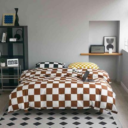 怡家居 2022新款全棉棋盘格混搭四件套 棋盘棕格