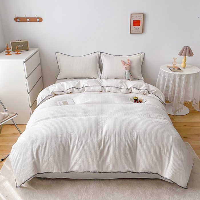 91家纺网 家纺一手货源 找家纺 娜娜 2022新款全棉水洗棉提花四件套 经典条纹-本白