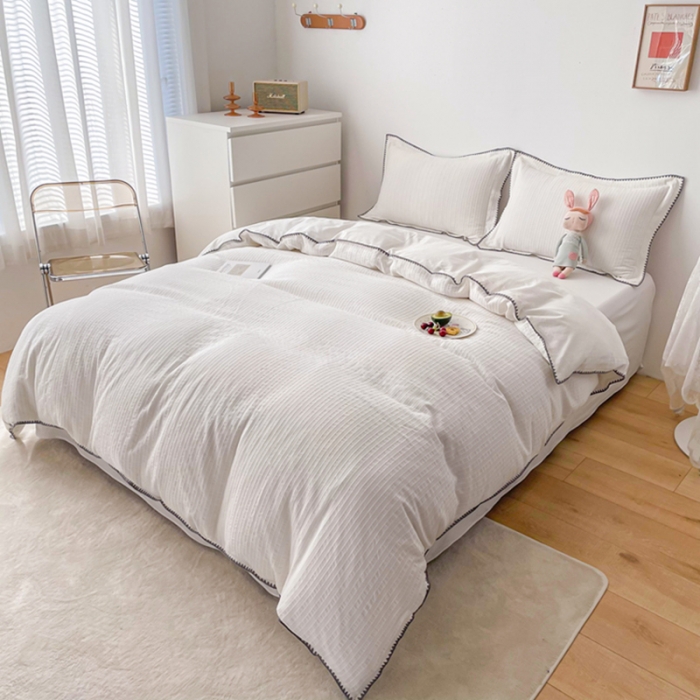 91家纺网 家纺一手货源 找家纺 娜娜 2022新款全棉水洗棉提花四件套 经典条纹-本白