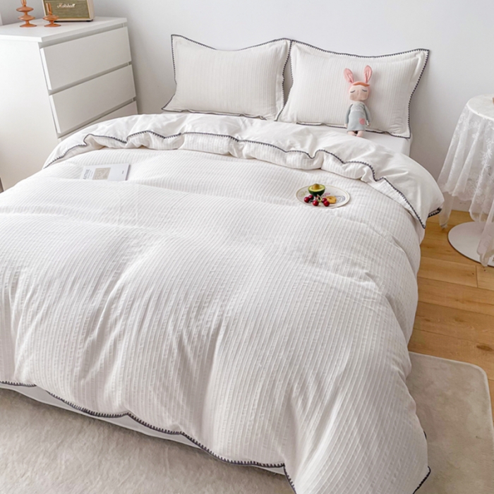 91家纺网 家纺一手货源 找家纺 娜娜 2022新款全棉水洗棉提花四件套 经典条纹-本白