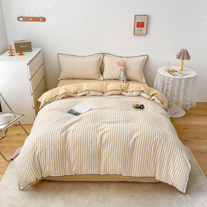 91家纺网 家纺一手货源 找家纺 娜娜 2022新款全棉水洗棉提花四件套 经典条纹-黄