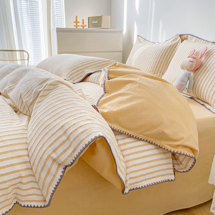 91家纺网 家纺一手货源 找家纺 娜娜 2022新款全棉水洗棉提花四件套 经典条纹-黄