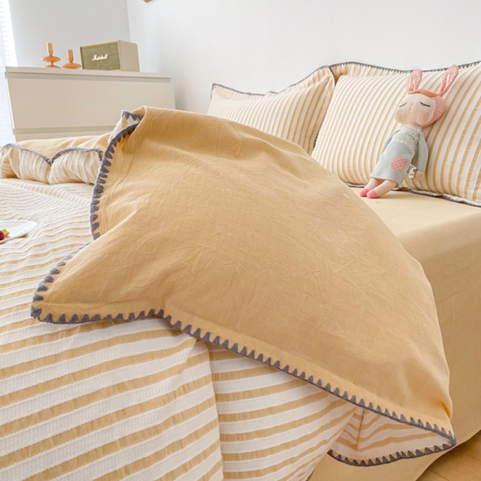 91家纺网 家纺一手货源 找家纺 娜娜 2022新款全棉水洗棉提花四件套 经典条纹-黄