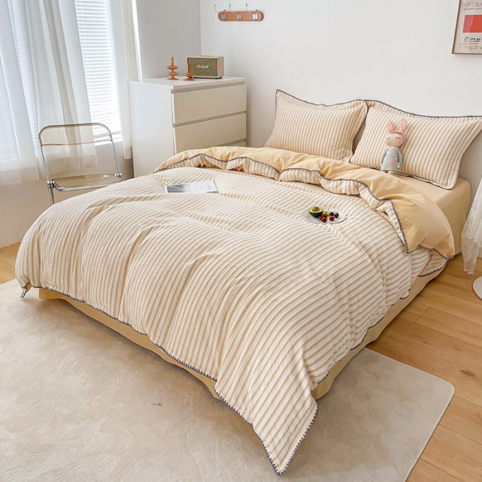 91家纺网 家纺一手货源 找家纺 娜娜 2022新款全棉水洗棉提花四件套 经典条纹-黄