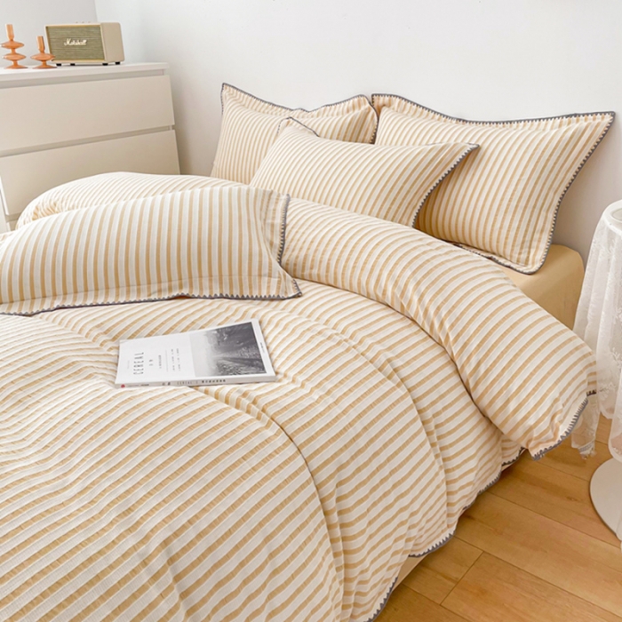 91家纺网 家纺一手货源 找家纺 娜娜 2022新款全棉水洗棉提花四件套 经典条纹-黄