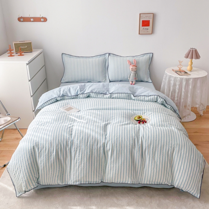 91家纺网 家纺一手货源 找家纺 娜娜 2022新款全棉水洗棉提花四件套 经典条纹-绿