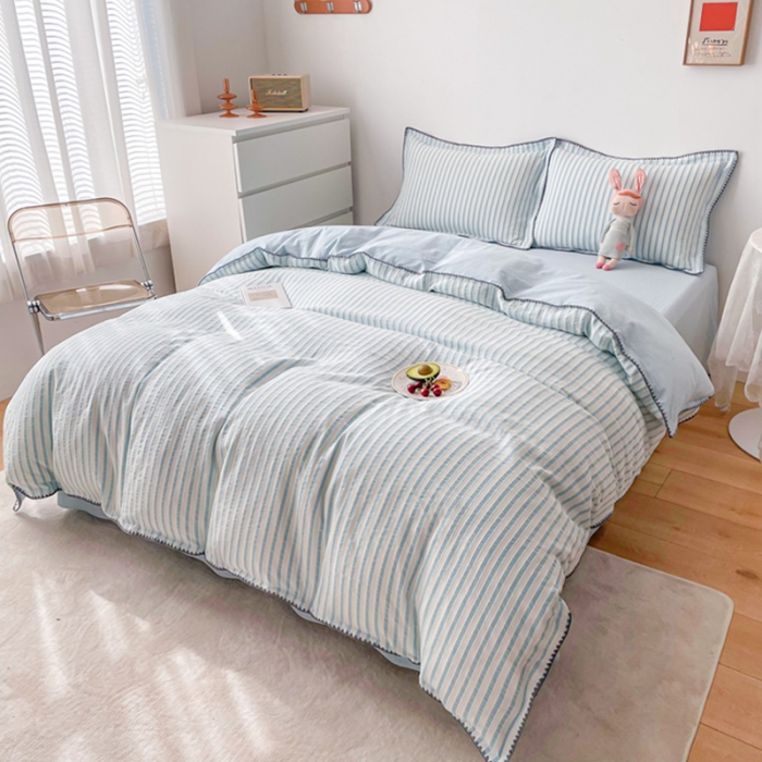 91家纺网 家纺一手货源 找家纺 娜娜 2022新款全棉水洗棉提花四件套 经典条纹-绿