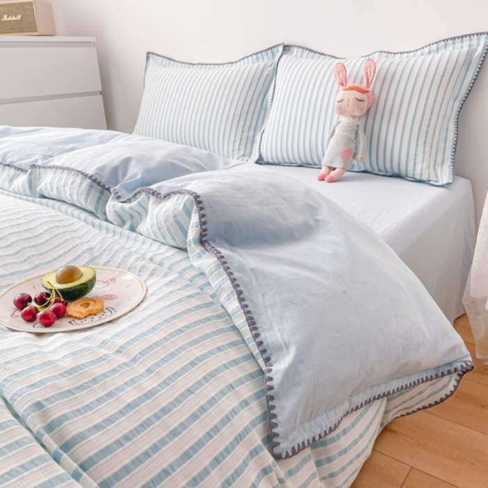 91家纺网 家纺一手货源 找家纺 娜娜 2022新款全棉水洗棉提花四件套 经典条纹-绿