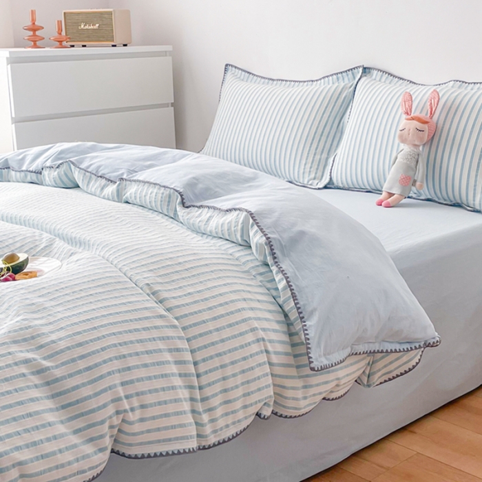 91家纺网 家纺一手货源 找家纺 娜娜 2022新款全棉水洗棉提花四件套 经典条纹-绿