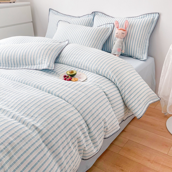 91家纺网 家纺一手货源 找家纺 娜娜 2022新款全棉水洗棉提花四件套 经典条纹-绿