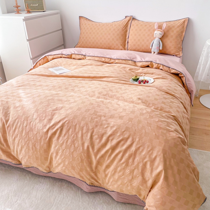 91家纺网 家纺一手货源 找家纺 娜娜 2022新款全棉水洗棉提花四件套 棋盘格-咖