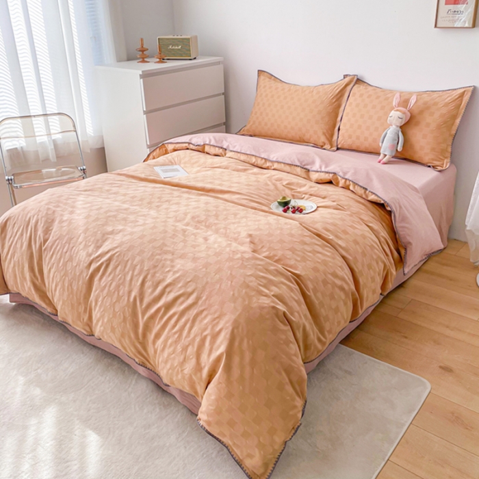 91家纺网 家纺一手货源 找家纺 娜娜 2022新款全棉水洗棉提花四件套 棋盘格-咖