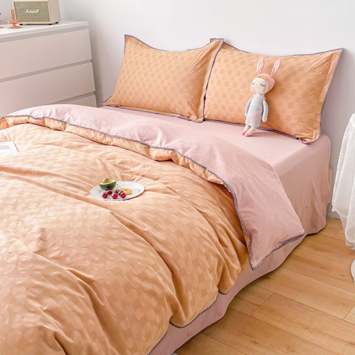 91家纺网 家纺一手货源 找家纺 娜娜 2022新款全棉水洗棉提花四件套 棋盘格-咖