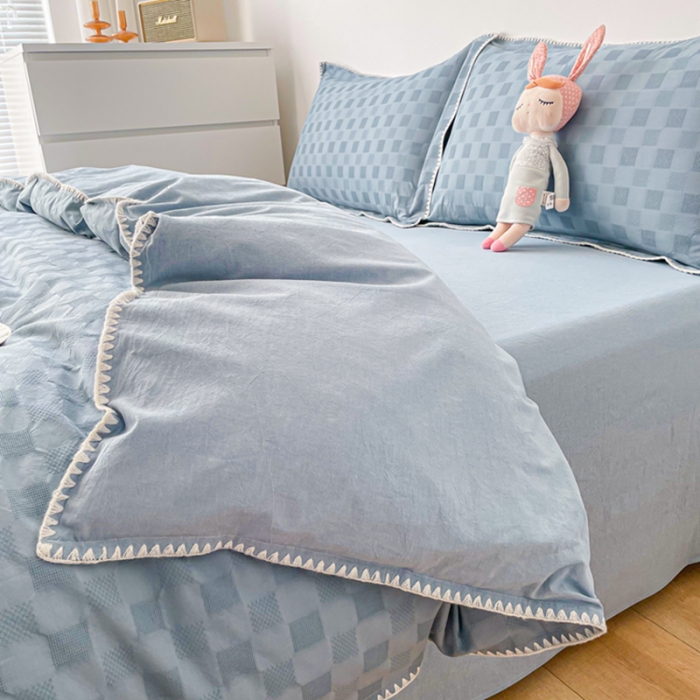 91家纺网 家纺一手货源 找家纺 娜娜 2022新款全棉水洗棉提花四件套 棋盘格-浅蓝