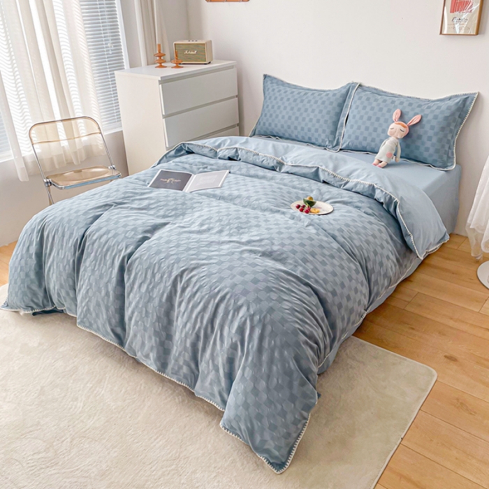 91家纺网 家纺一手货源 找家纺 娜娜 2022新款全棉水洗棉提花四件套 棋盘格-浅蓝