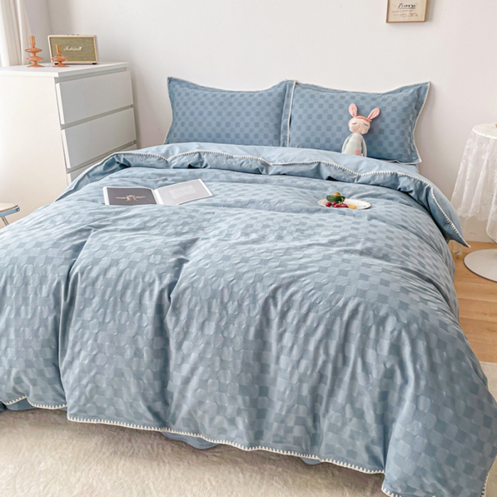 91家纺网 家纺一手货源 找家纺 娜娜 2022新款全棉水洗棉提花四件套 棋盘格-浅蓝