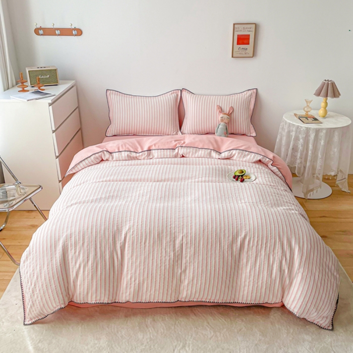 91家纺网 家纺一手货源 找家纺 娜娜 2022新款全棉水洗棉提花四件套 经典条纹-粉