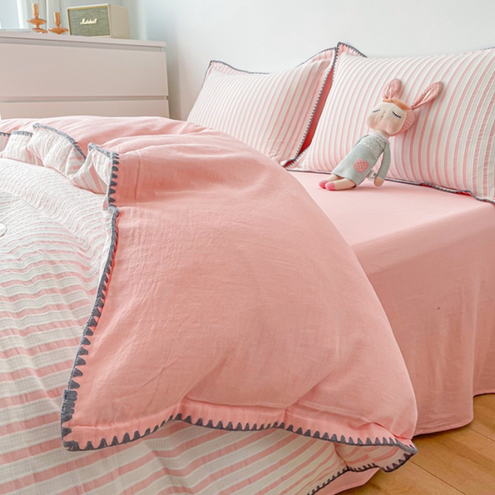 91家纺网 家纺一手货源 找家纺 娜娜 2022新款全棉水洗棉提花四件套 经典条纹-粉