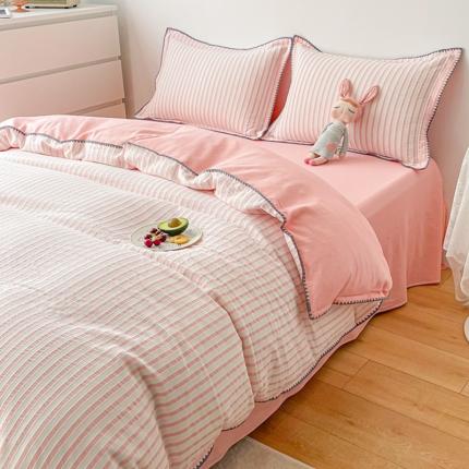 娜娜 2022新款全棉水洗棉提花四件套 经典条纹-粉
