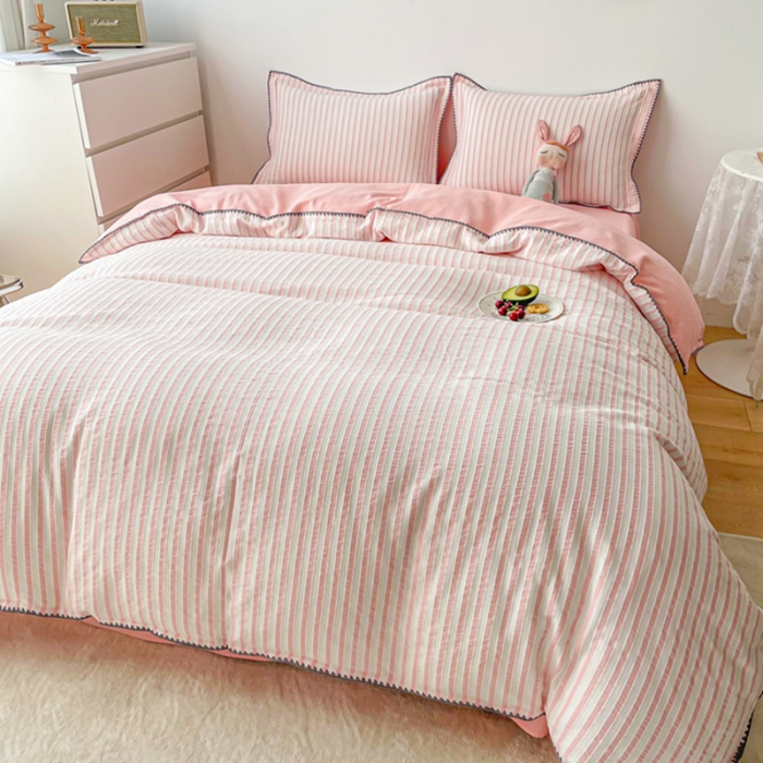 91家纺网 家纺一手货源 找家纺 娜娜 2022新款全棉水洗棉提花四件套 经典条纹-粉