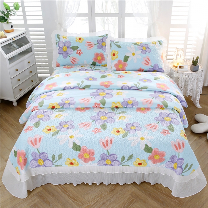 91家纺网 家纺一手货源 找家纺 青竹苑 爆款雪纺纱全棉床盖三件套全棉床盖款四件套直播 春花秋月