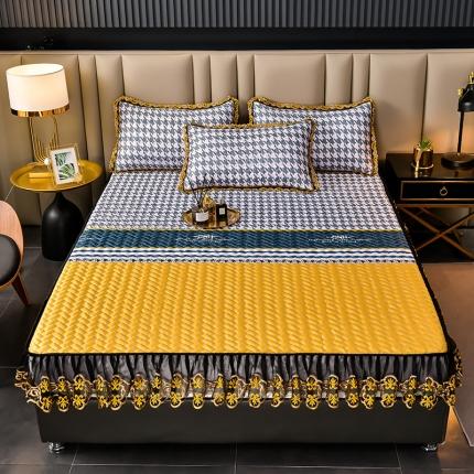 迪梦思 2022新款蕾丝花边可拆卸床笠冰丝凉席三件套 千鸟格-黄