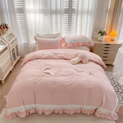 91家纺网 家纺一手货源 找家纺 嗨购 2022新款40支水洗棉刺绣花边四件套-春日秋千 春日秋千-粉