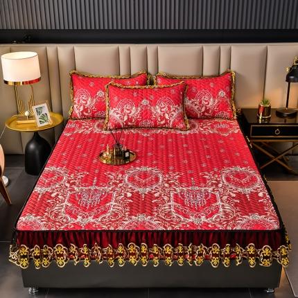 迪梦思 2022新款蕾丝花边可拆卸床笠冰丝凉席三件套 喜结良缘