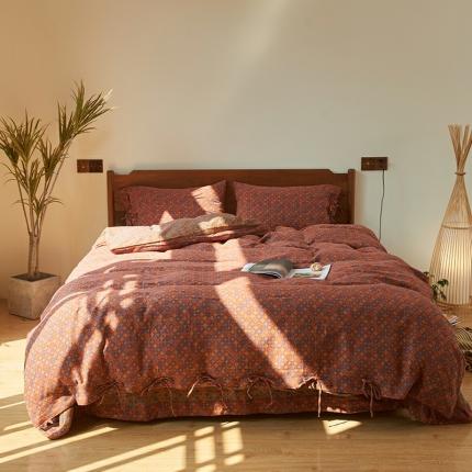 91家纺网 家纺一手货源 找家纺 总 安莱生活 2022新款色织提花全棉双层纱四件套-莫奈花园