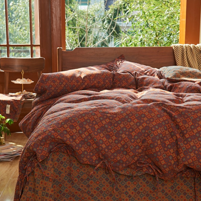 91家纺网 家纺一手货源 找家纺 总 安莱生活 2022新款色织提花全棉双层纱四件套-莫奈花园