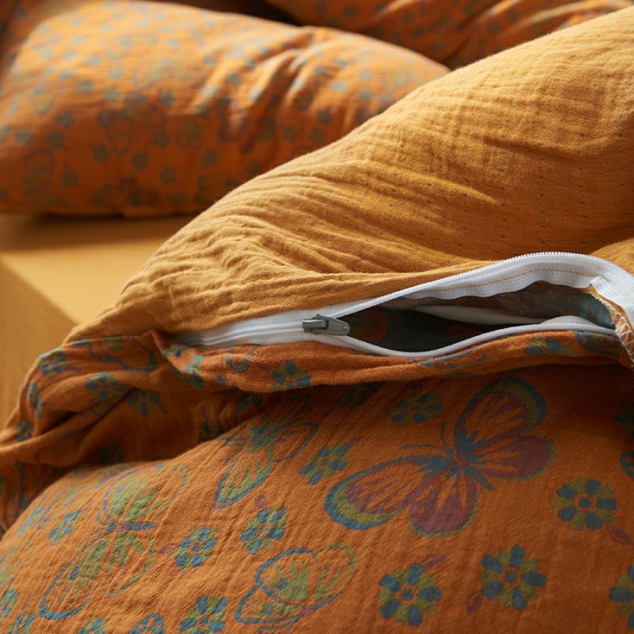 91家纺网 家纺一手货源 找家纺 总 安莱2022新款色织提花全棉双层纱四件套-福蝶（拉链款）