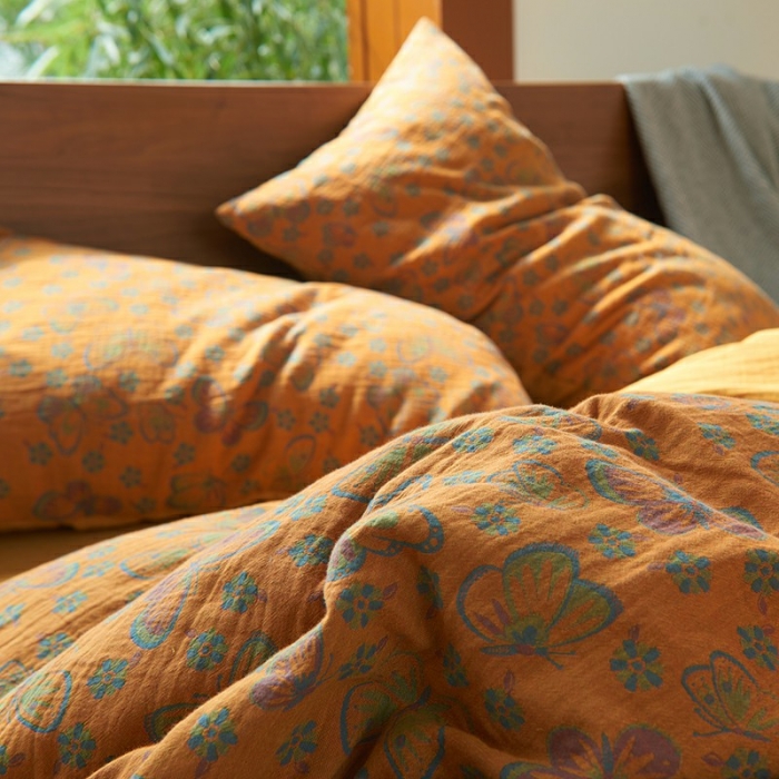 91家纺网 家纺一手货源 找家纺 总 安莱2022新款色织提花全棉双层纱四件套-福蝶（拉链款）