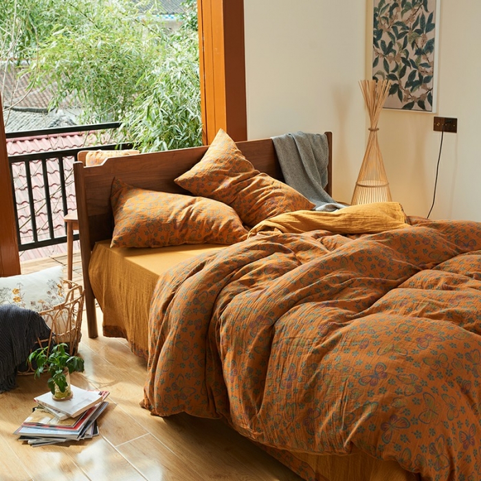 91家纺网 家纺一手货源 找家纺 总 安莱2022新款色织提花全棉双层纱四件套-福蝶（拉链款）