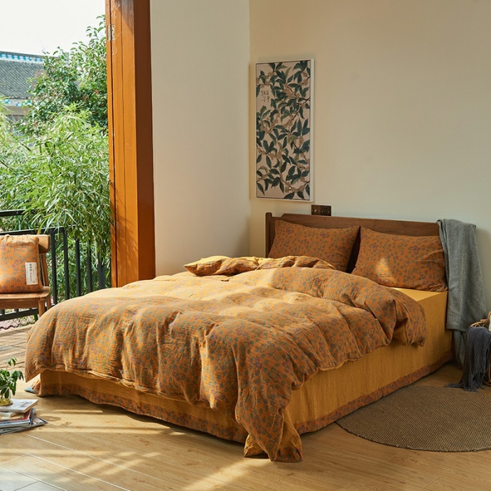 91家纺网 家纺一手货源 找家纺 总 安莱2022新款色织提花全棉双层纱四件套-福蝶（拉链款）