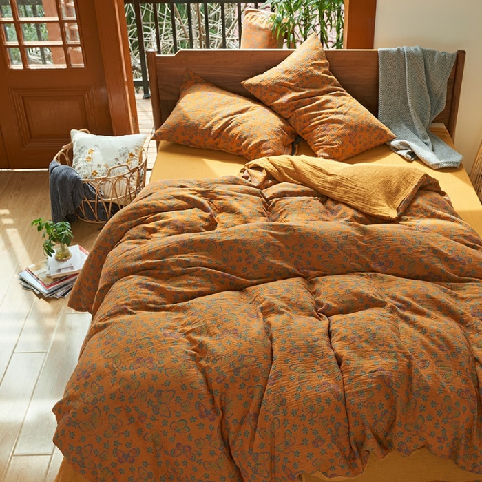 91家纺网 家纺一手货源 找家纺 总 安莱2022新款色织提花全棉双层纱四件套-福蝶（拉链款）