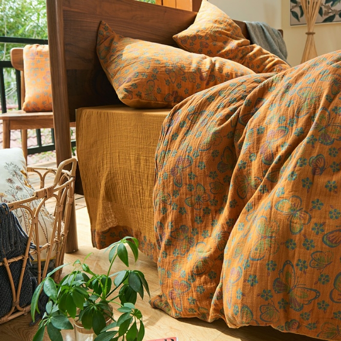 91家纺网 家纺一手货源 找家纺 安莱 2022色织提花全棉双层纱四件套-福蝶-黄（拉链款）