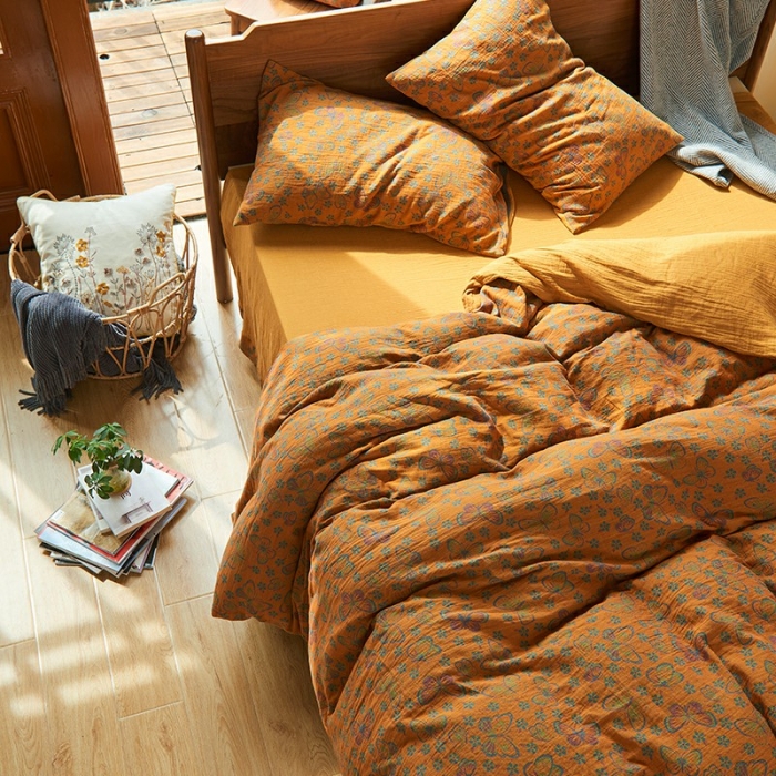 91家纺网 家纺一手货源 找家纺 安莱 2022色织提花全棉双层纱四件套-福蝶-黄（拉链款）