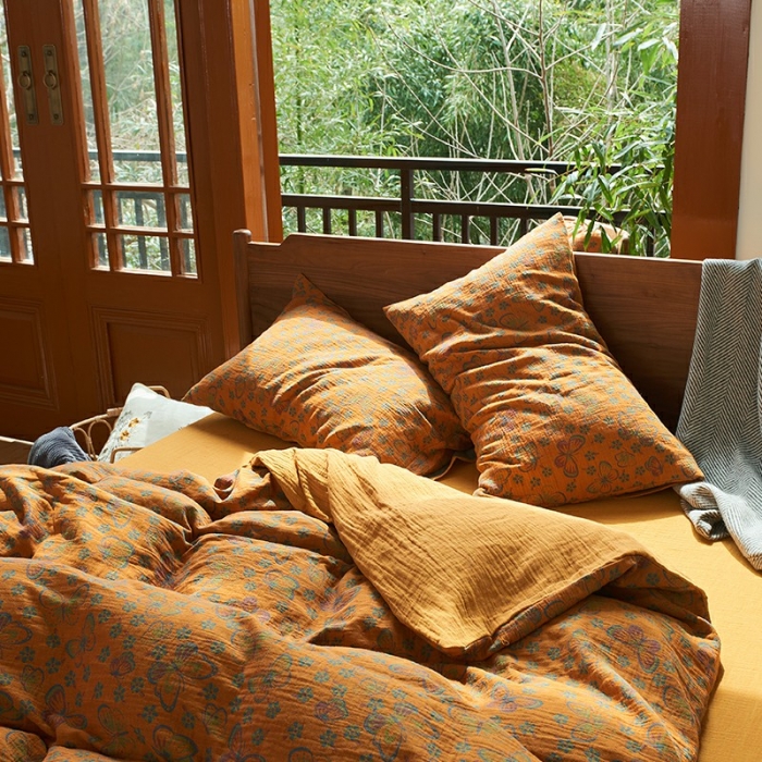 91家纺网 家纺一手货源 找家纺 安莱 2022色织提花全棉双层纱四件套-福蝶-黄（拉链款）