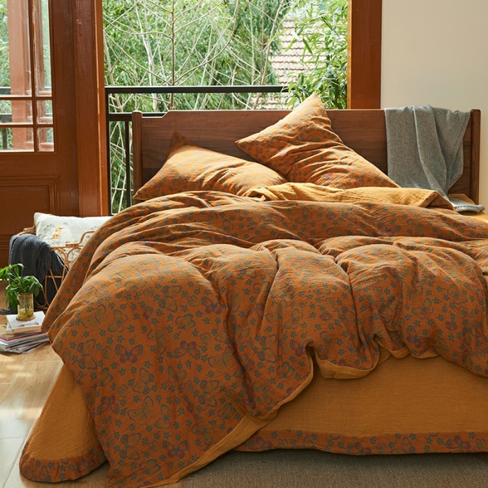 91家纺网 家纺一手货源 找家纺 安莱 2022色织提花全棉双层纱四件套-福蝶-黄（拉链款）