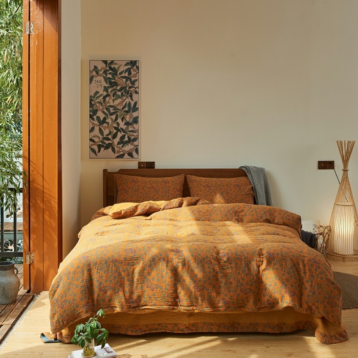 91家纺网 家纺一手货源 找家纺 安莱 2022色织提花全棉双层纱四件套-福蝶-黄（拉链款）