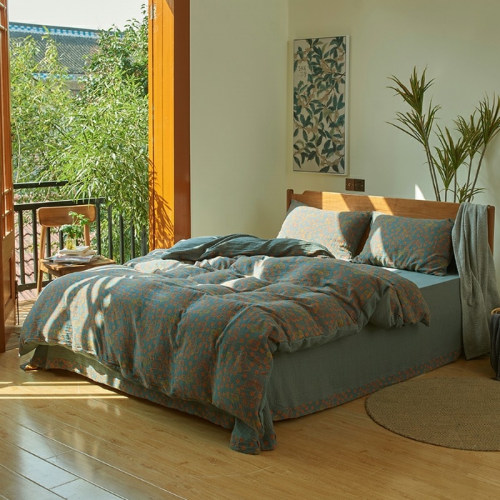 91家纺网 家纺一手货源 找家纺 安莱 2022色织提花全棉双层纱四件套-福蝶-蓝（拉链款）