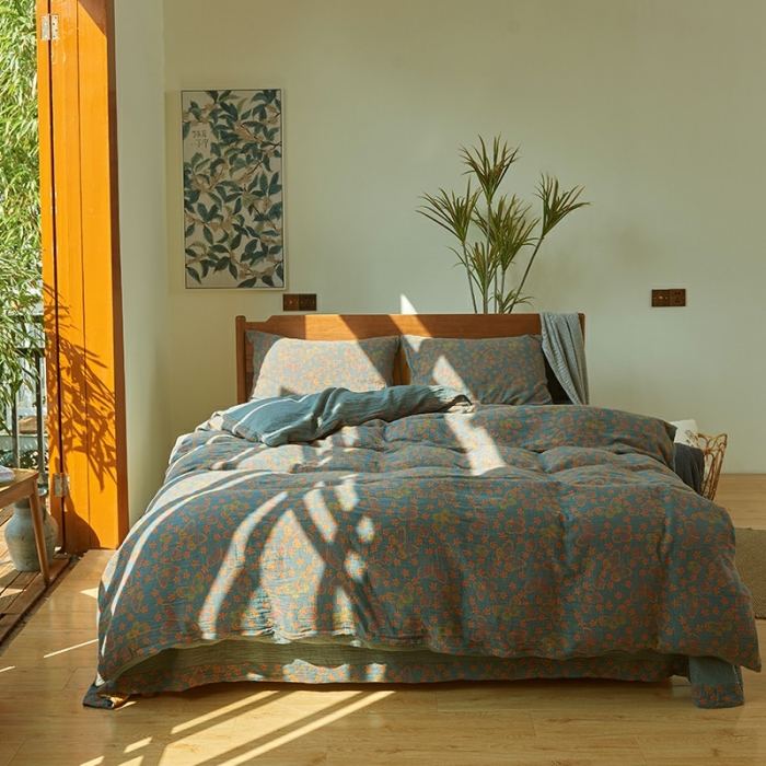 91家纺网 家纺一手货源 找家纺 安莱 2022色织提花全棉双层纱四件套-福蝶-蓝（拉链款）